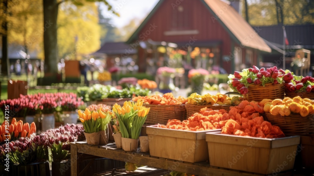 Farmer's market with stalls of Vegetables, Fruits and colorful Tulips on a sunny day.