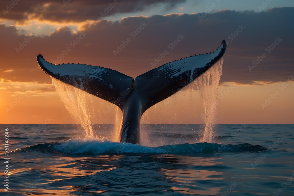 Fototapeta premium A humpback whale’s tail breaking through the surface of water at sunset