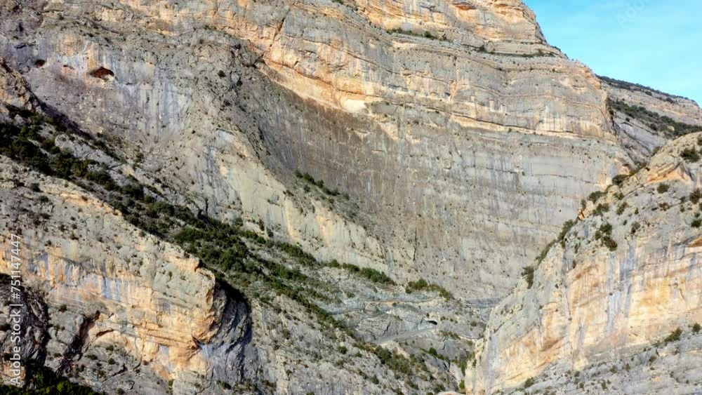 Massive Rock Face For Sport Climbing in Pre-Pyrenees Mountains AERIAL Massive Rock Face For Sport Climbing in Pre-Pyrenees Mountains AERIAL