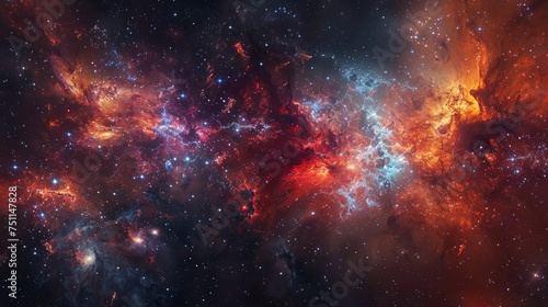 A stunning view of a colorful nebula, stars, and cosmic dust in a deep space scene. © tashechka