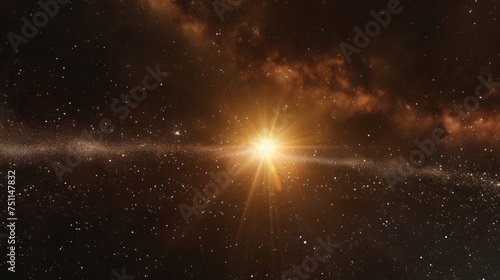 The radiant light of a distant sun piercing through the darkness of space  with star particles around.