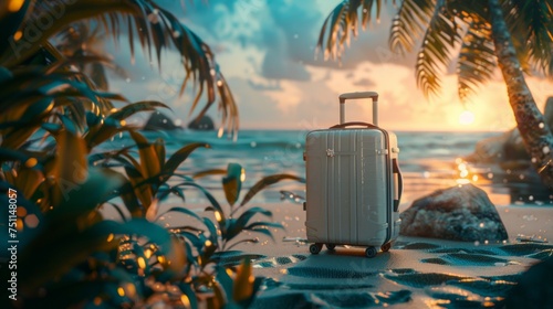 Silver suitcase on a tropical beach, with the sunset casting a golden hue over the scene.