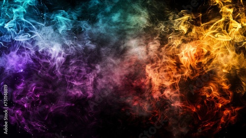 A stunning visual of vibrant smoke blending colors of blue  purple  and red on a black backdrop.