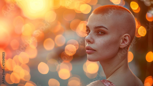 Portrait of a young woman with a shaved head, freckles, and a thoughtful expression at sunset.