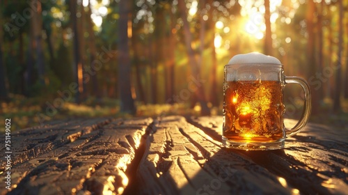 A refreshing beer mug on a rustic wooden table, bathed in the warm light of a forest sunset. photo