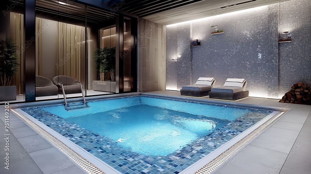 Captivating sophistication in a snapshot of a chic pool, adorned with mosaic tiles and framed by modern design elements