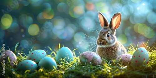 Festive Easter decorations with colorful eggs and an adorable rabbit on lush green grass. Celebrate Easter with joy and happiness!