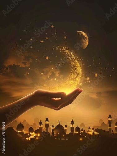 Islamic theme background for Eid al-Fitr and Ramadan, depicting the act of donating zakat or sadaqah to those in need. photo