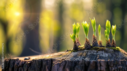 plant buds sprouting from and old dried tree stump, hope for life concept, abstract background