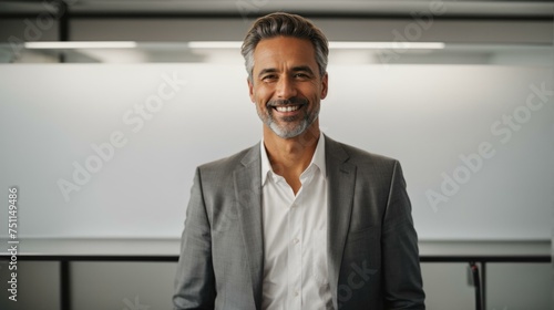 A man in a suit smiling in an office. Generative AI.