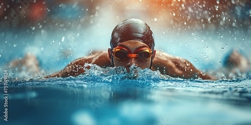 A young athlete enjoys a healthy and active lifestyle while swimming in an Olympic pool. © ckybe