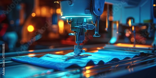 Blue fabric being stitched by machine component. photo