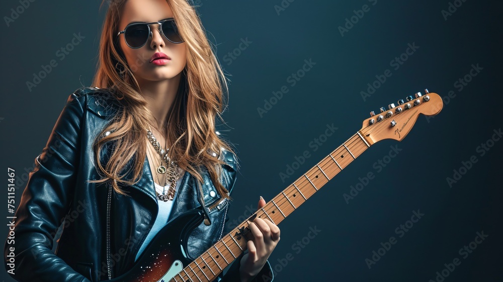 Beautiful, youthful rocker chick playing an electric guitar.