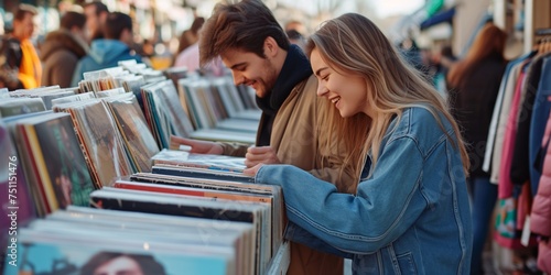 A youthful pair browsing vinyl records at a French flea market.