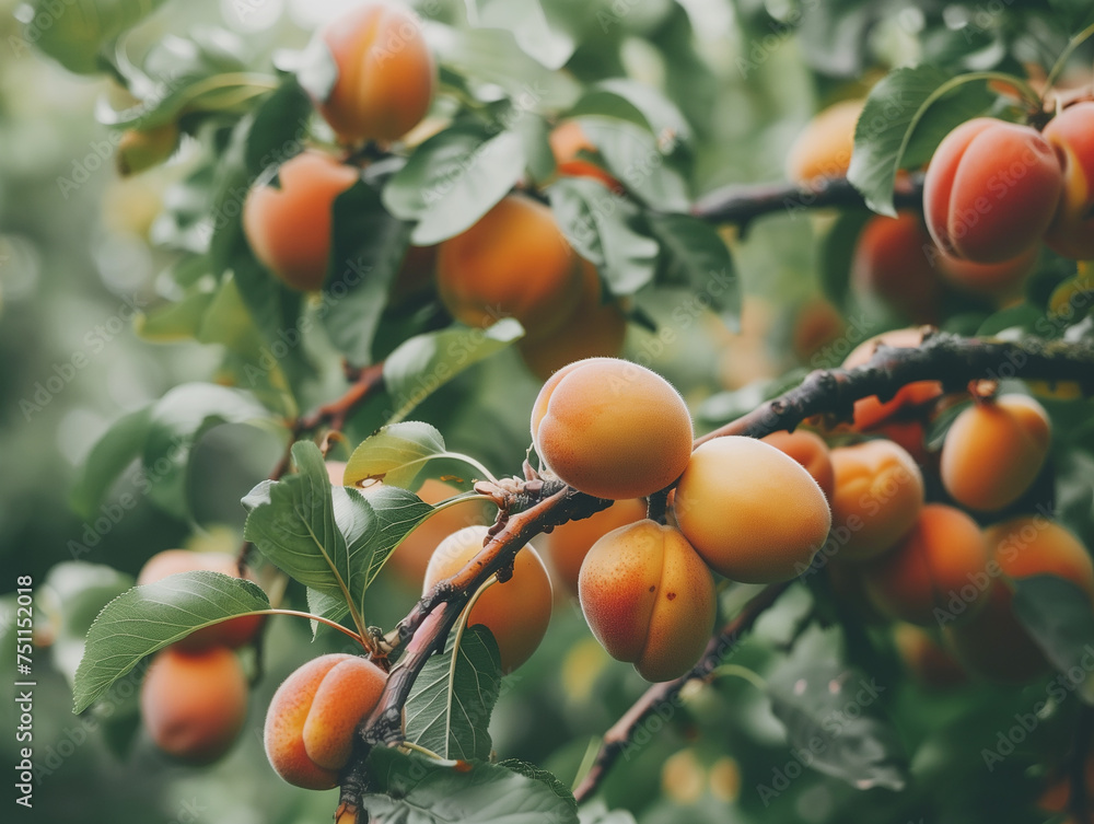 ripe apricots on the branch on a tree in orchard, harvest concept image, bright daylight, copy space