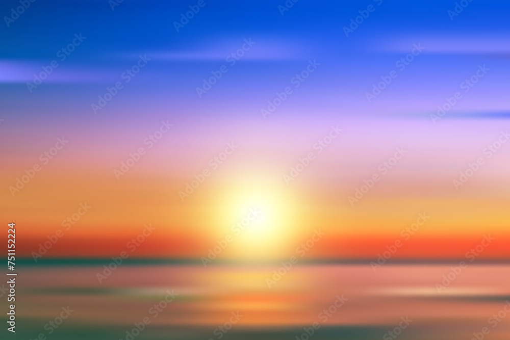 Sunset sky background with clouds. Blue and orange dramatic gradient horizon. Summer evening landscape. Vector sea beach illustration