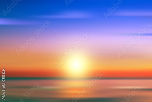 Sunset sky background with clouds. Blue and orange dramatic gradient horizon. Summer evening landscape. Vector sea beach illustration