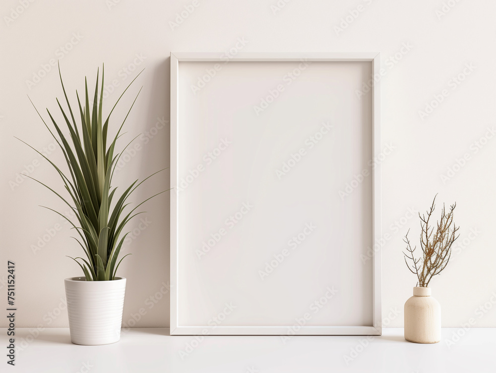 Modern white photo frame mockup on white wall and plants Modern white photo frame mockup on white wall and plants