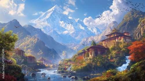 Behold the breathtaking beauty of mountain streams carving through landscapes  embracing quaint villages  with the added grace of colorful birds soaring in the expansive sky.