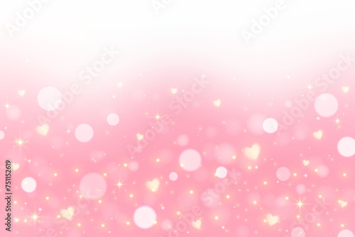 Pink pastel background with hearts and bokeh. Fantasy kawaii magic sky with gradient. Cute vector print. Dreamy girly fantasy wallpaper.