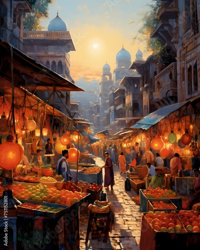 Digital painting of a street market in the old city of Delhi, India