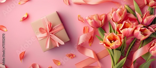A collection of lush pink tulips arranged in a colorful bouquet sits next to a neatly wrapped present. The gift box is elegantly wrapped and placed against a soft pink background, creating a festive photo