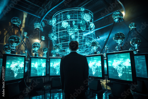 Technology, sci-fi, finance, telecommunication and business concept. Business man in futuristic computer or server dark room with many displays and monitors showing some data on screens