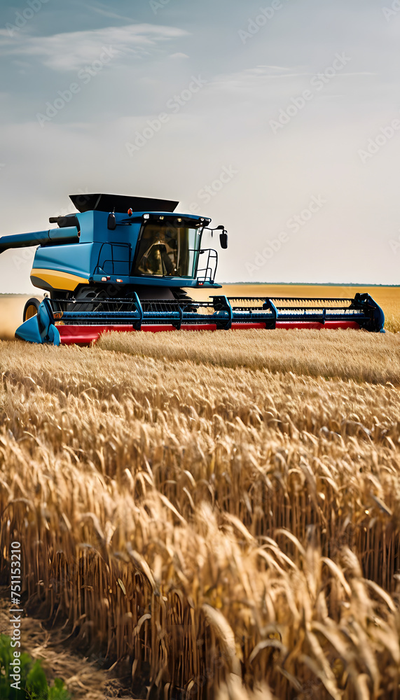 Fototapeta premium Modern combine harvester in a golden wheat field during harvest season under a clear sky.