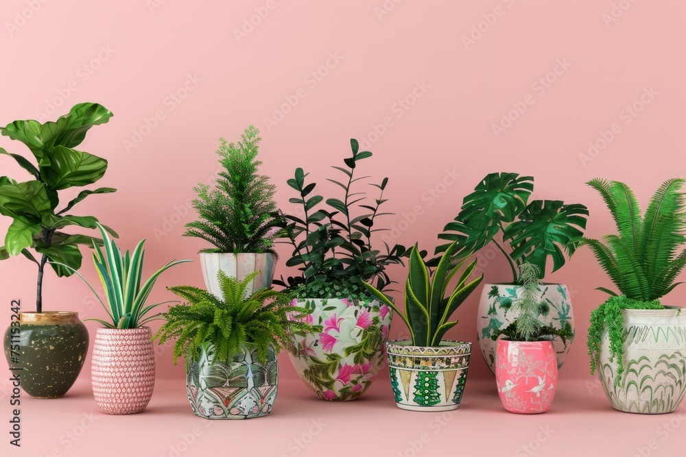 Array of beautiful plants housed in decorative ceramic pots, set on a pink background, Generative AI