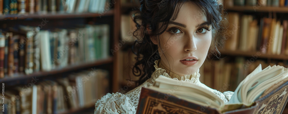 Medium shot of a woman portraying a classic literary character in cosplay merging art with literature - obrazy, fototapety, plakaty 