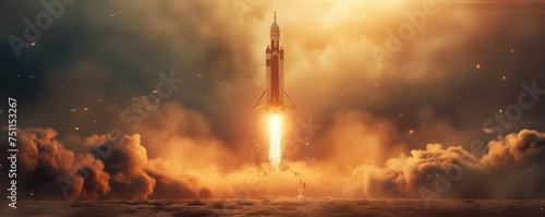 Medium shot of a space exploration rocket as it performs a vertical takeoff engine ablaze