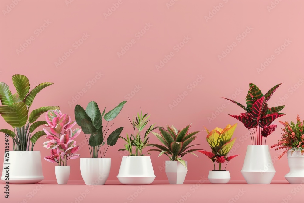Array of colorful foliage in elegant ceramic pots, on a delightful pink background, Generative AI Array of colorful foliage in elegant ceramic pots, on a delightful pink background, Generative AI