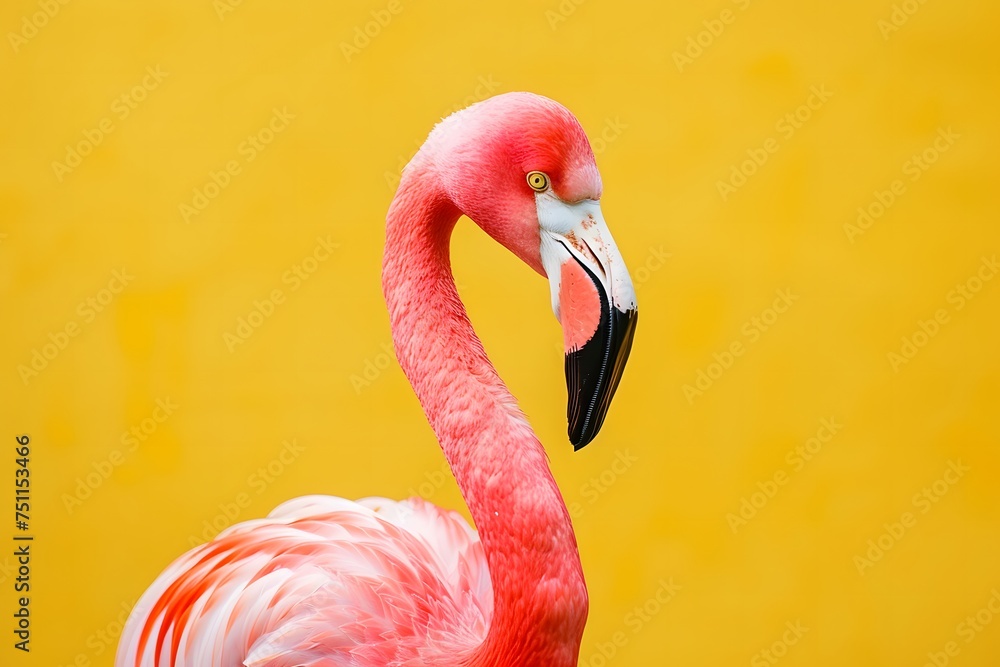 Fototapeta premium A pink flamingo stands against a yellow background
