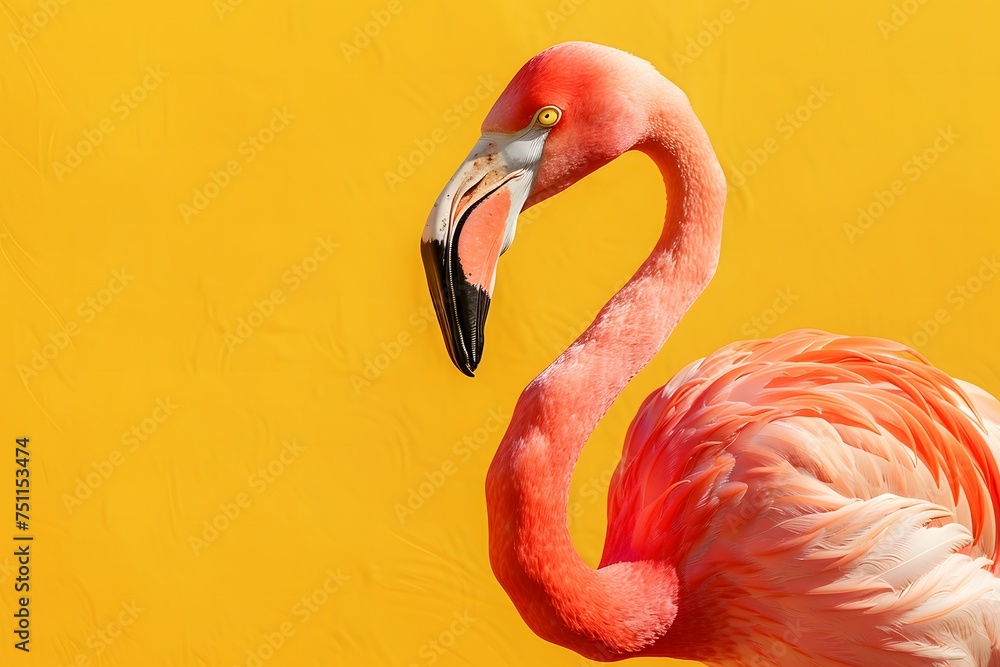 A pink flamingo stands against a yellow background - obrazy, fototapety, plakaty 