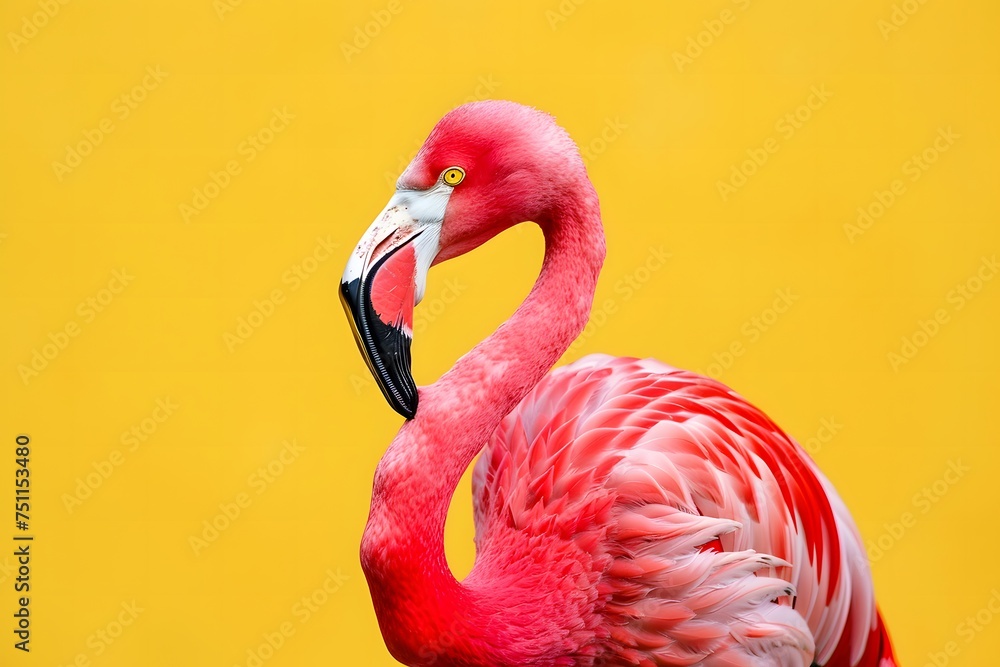 A pink flamingo stands against a yellow background - obrazy, fototapety, plakaty 