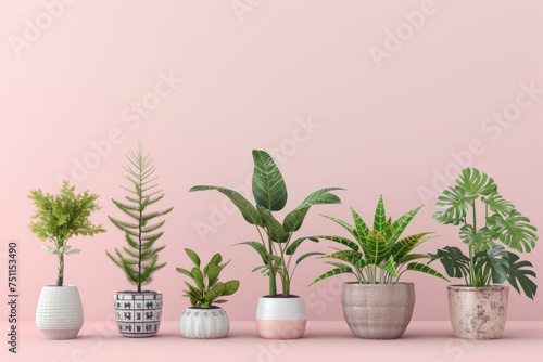 Assortment of lovely plants displayed in ceramic pots  against a tranquil pink background  Generative AI