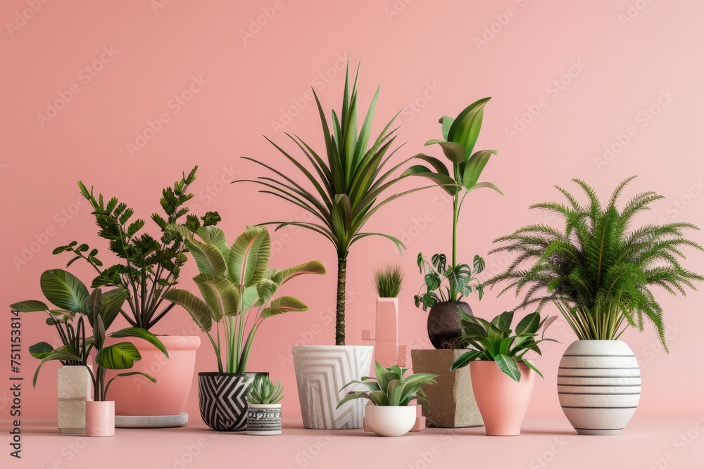 Selection of elegant plants potted in ceramic containers, on an enchanting pink background, Generative AI