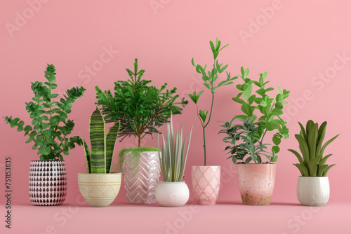 Selection of elegant plants potted in ceramic containers  on an enchanting pink background  Generative AI