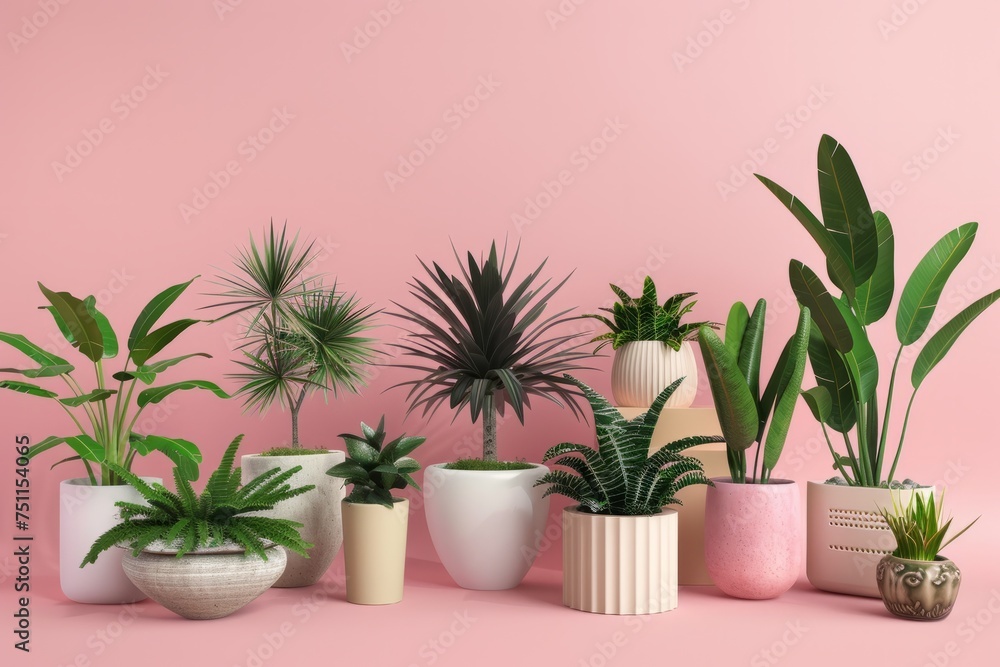 Variety of stunning plants displayed in charming ceramic pots, against a delightful pink background, Generative AI