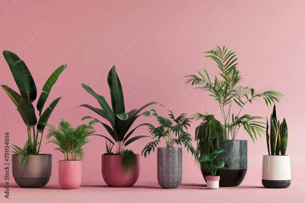 Variety of stunning plants displayed in charming ceramic pots, against a delightful pink background, Generative AI