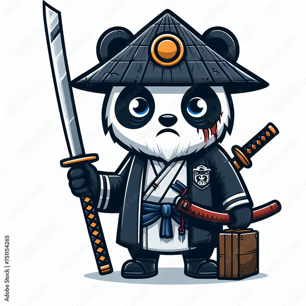 Obraz premium Cute Panda Samurai With Katana Sword Cartoon Icon Illustration. Animal Holiday Icon Concept Isolated Premium. Flat Cartoon Style