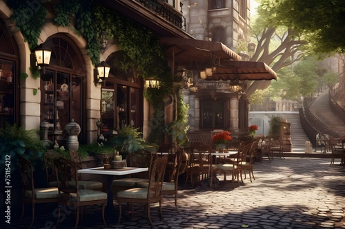 Charming European Cafe: A cozy European cafe with outdoor seating, inviting passersby to relax and enjoy a cup of coffee.