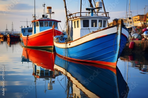 Colorful Fishing Boats in Harbor: A picturesque harbor scene with vibrant fishing boats, reflecting in calm waters.