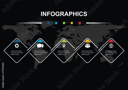 Infographic design with 5 rounded regtangles on black background