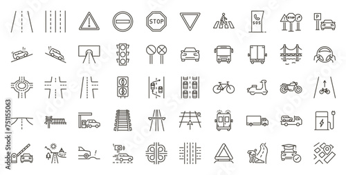 Traffic, Driving and Road Icons Set: Road Signs, Vehicles, Configurations, Navigation and Drivers Related Dynamics and subjects in Thin Line Icon Stroke Style