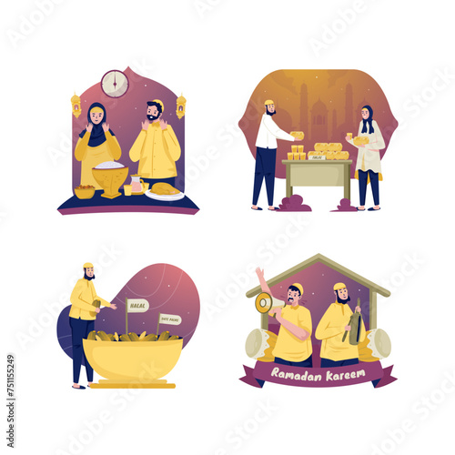 Islamic ramadan tradition sticker illustration set