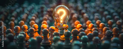 A lone illuminated light bulb with a question mark symbol shines among a crowd of pawns, evoking themes of innovation, questioning, and standout ideas in a collective