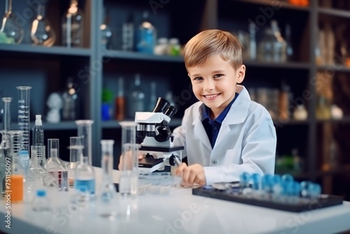 A boy activities in laboratory. 