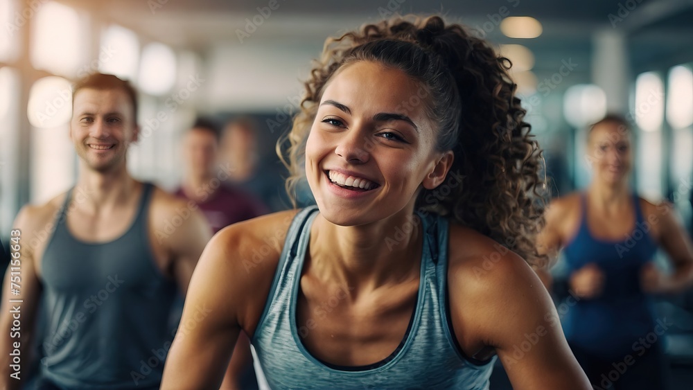 Happy woman working out at gym, fitness girl - obrazy, fototapety, plakaty 