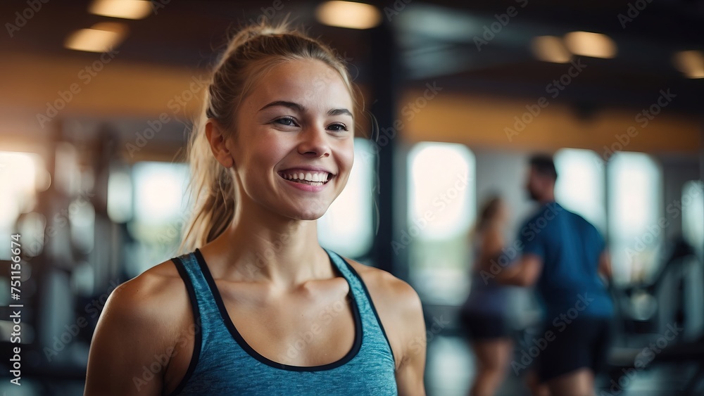 Happy woman working out at gym, fitness girl